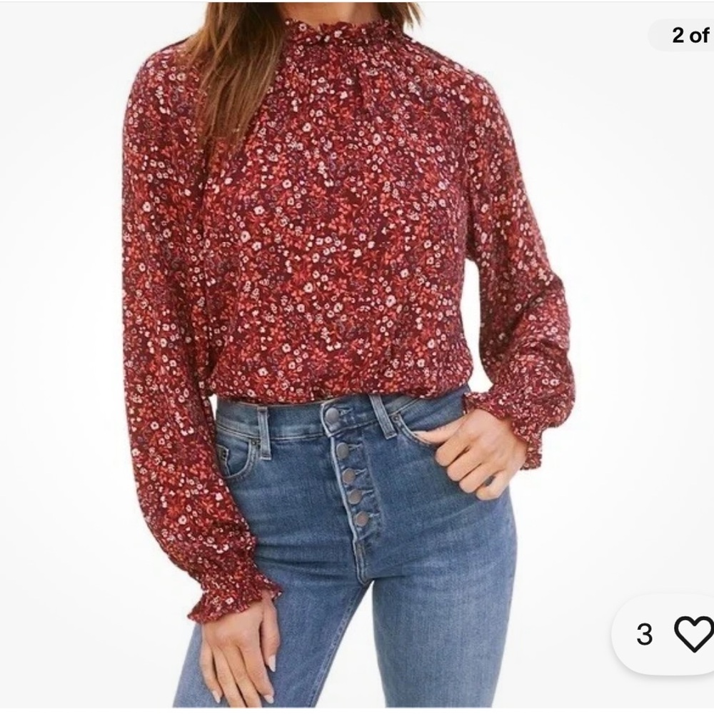 Reformation Red Floral Smocked-Neck Long-Sleeve Blouse